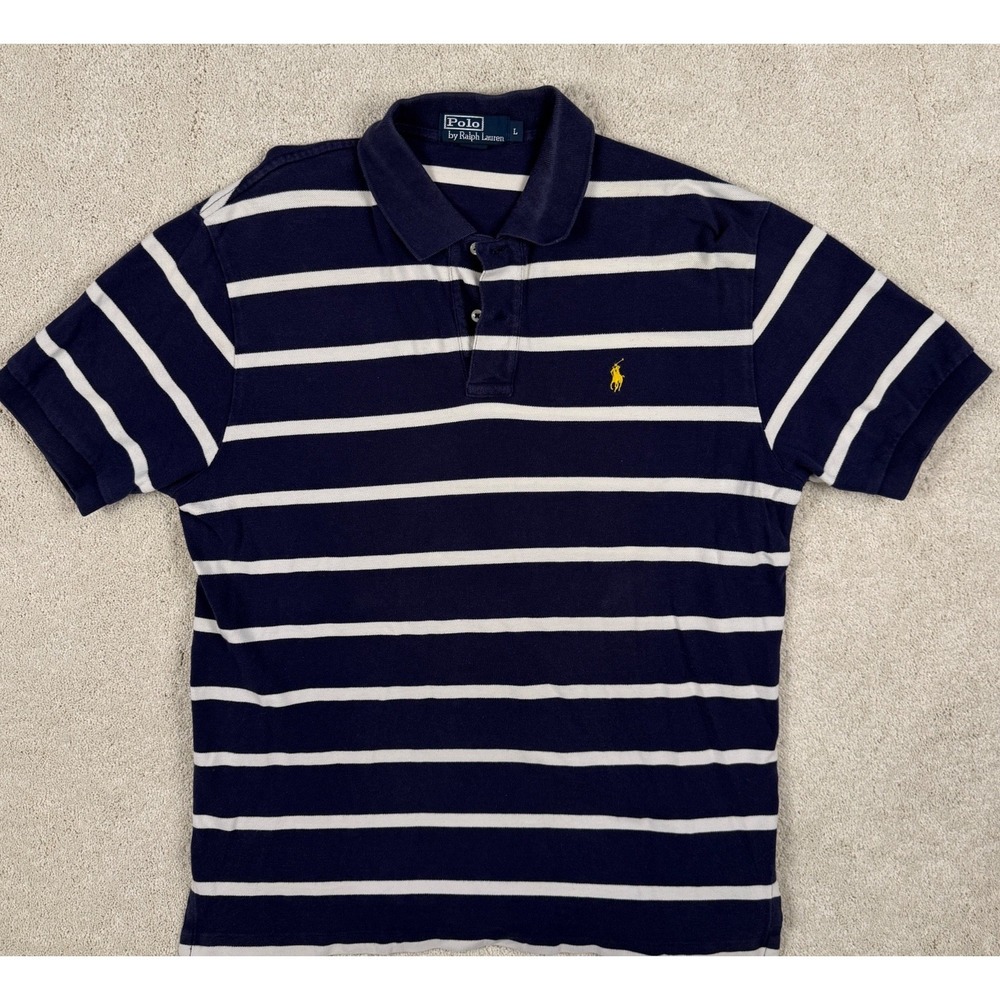 RALPH LAUREN POLO Men's Large Navy Striped Y2K Shirt Preppy 100% Cotton #1430